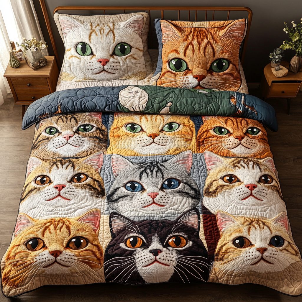 Paws And Petals quilted 3-piece bedding set on a made bed with two matching pillow shams