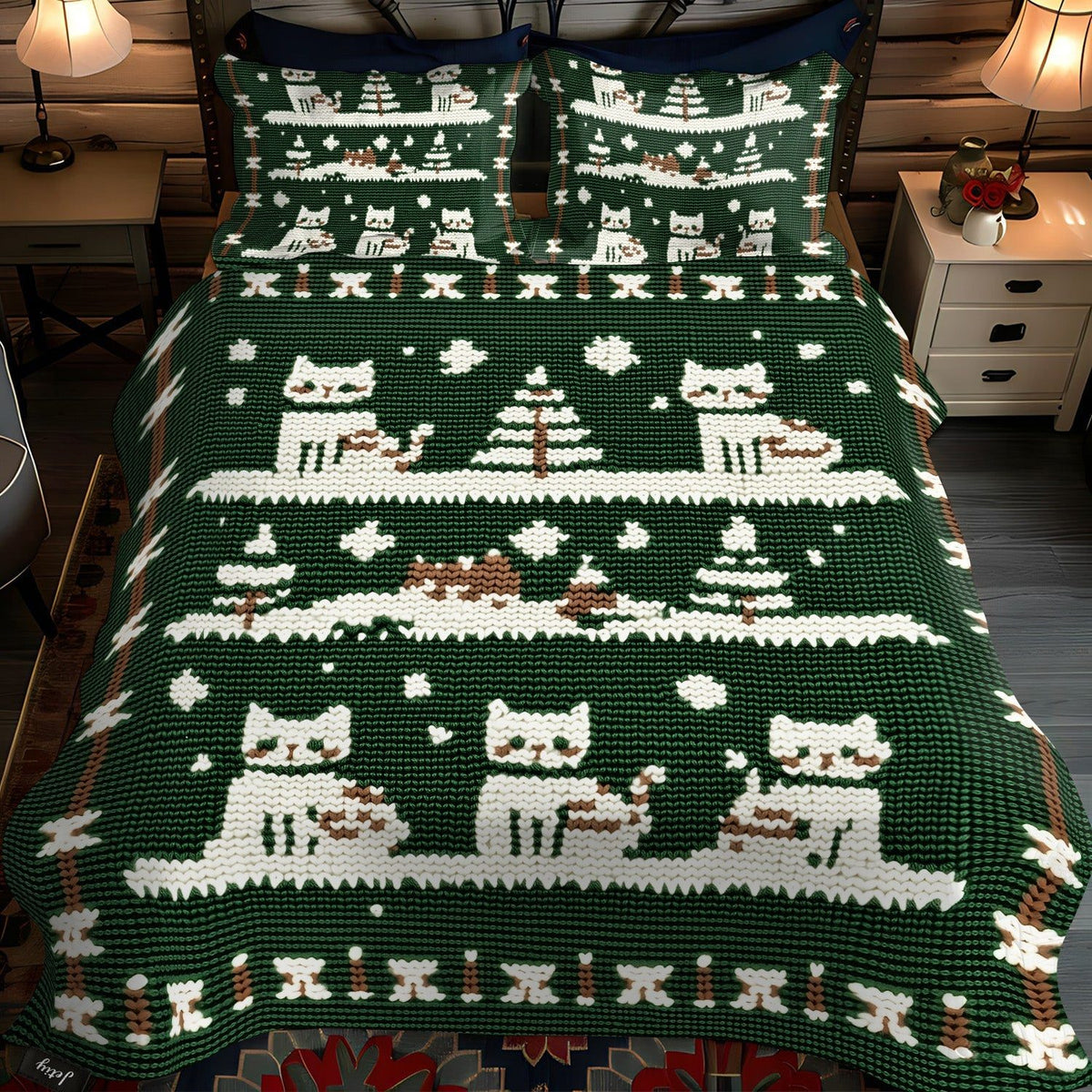 Paws and Pines quilted 3-piece bedding set on a made bed with two matching pillow shams
