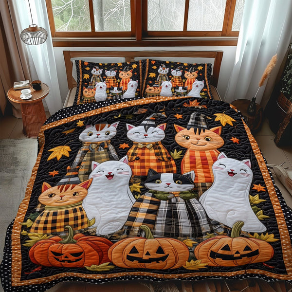 Paws and Pumpkins quilted 3-piece bedding set on a made bed against a dark styled interior