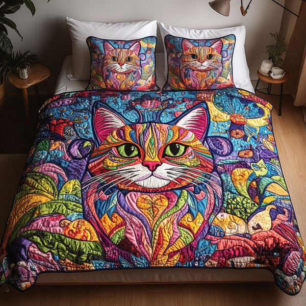 Paws and Purrs Paradise quilted 3-piece bedding set on a made bed with two matching pillow shams