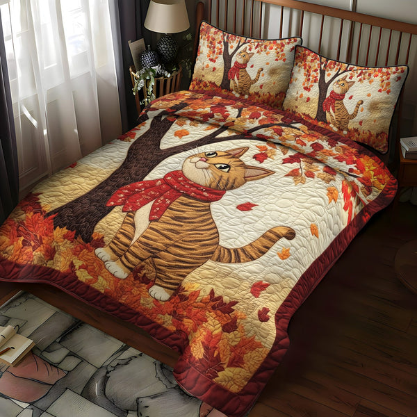 Paws and Whiskers quilted 3-piece bedding set on a made bed with two matching pillow shams