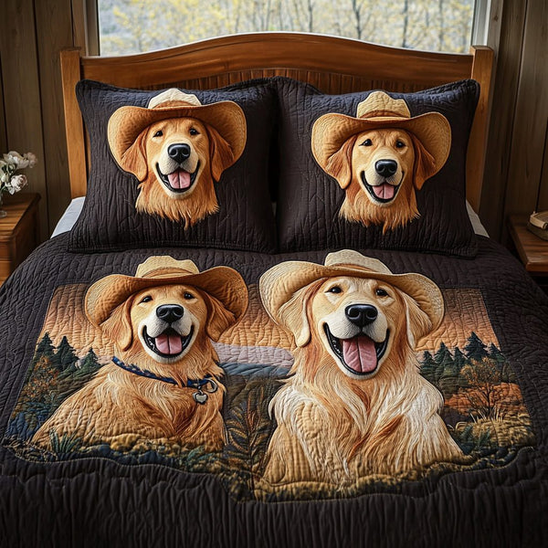 Paws of Gold quilted 3-piece bedding set on a made bed with two matching pillow shams