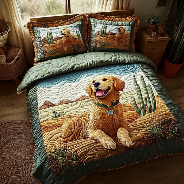 Paws of Gold quilted 3-piece bedding set on a made bed with two matching pillow shams