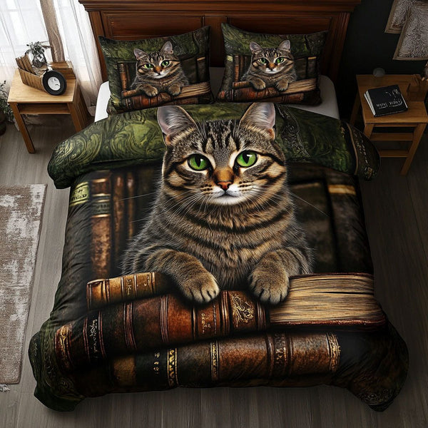 Paws on Pages quilted 3-piece bedding set on a made bed with two matching pillow shams