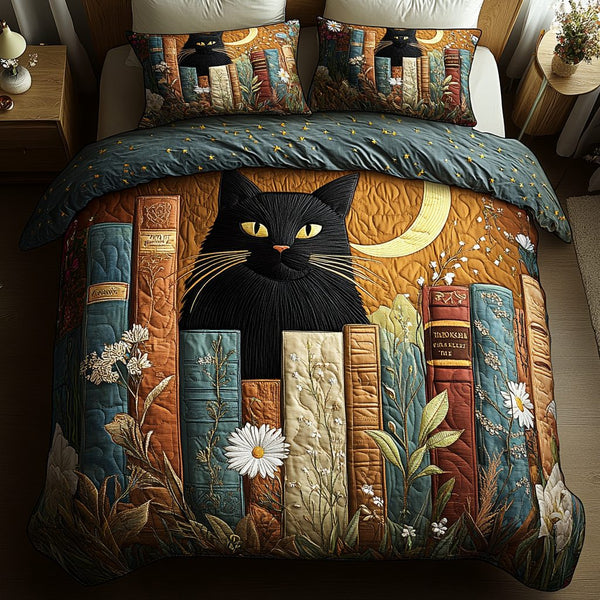 Paws Pages quilted 3-piece bedding set on a made bed with two matching pillow shams