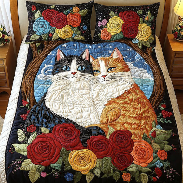Paws Together quilted 3-piece bedding set on a made bed with two matching pillow shams