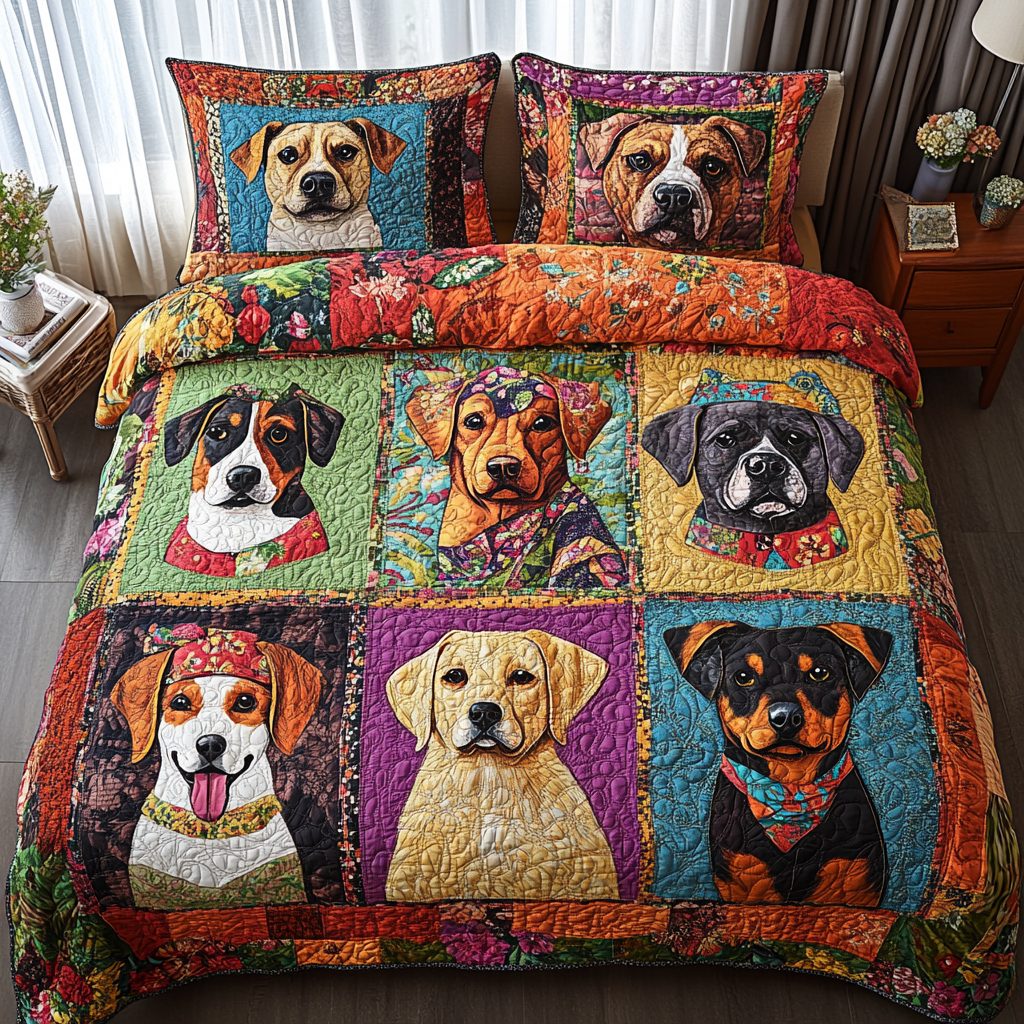 Paws Wonderland quilted 3-piece bedding set on a made bed with two matching pillow shams