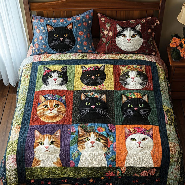 Pawsitive Vibes quilted 3-piece bedding set on a made bed with two matching pillow shams