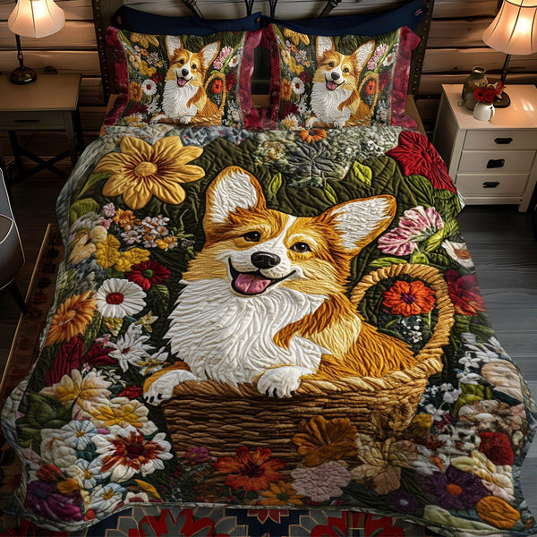 Pawsome Cuddles quilted 3-piece bedding set on a made bed with two matching pillow shams