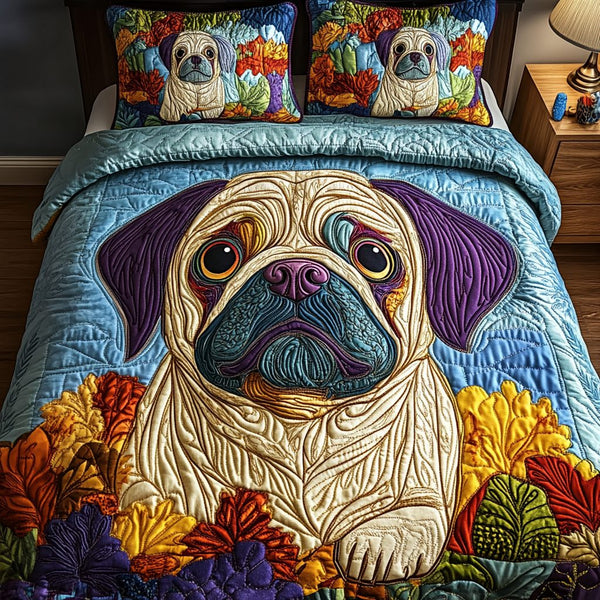 Pawsome Pug quilted 3-piece bedding set on a made bed with two matching pillow shams