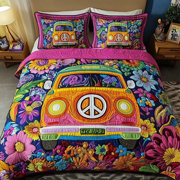 Peace And Love quilted 3-piece bedding set on a made bed with two matching pillow shams