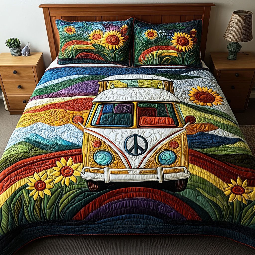 Peace and Wheels quilted 3-piece bedding set on a made bed with two matching pillow shams