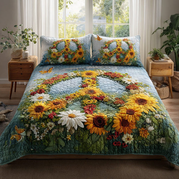 Peace Bloom Meadow quilted 3-piece bedding set on a made bed with two matching pillow shams