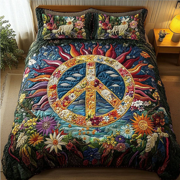 Peace Bloom quilted 3-piece bedding set on a made bed with two matching pillow shams