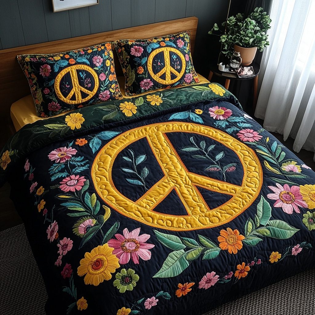 Peace Garden quilted 3-piece bedding set on a made bed with two matching pillow shams