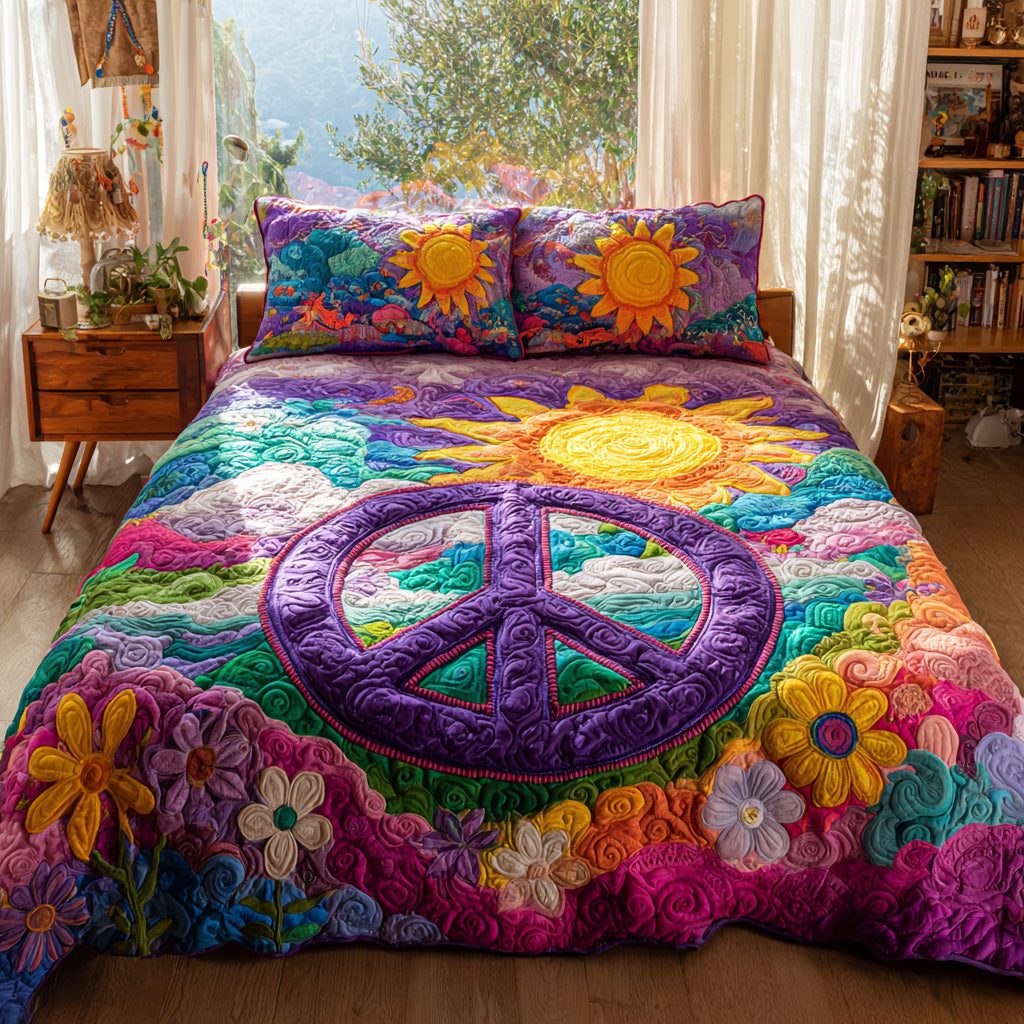 Peace Garden quilted 3-piece bedding set on a made bed with two matching pillow shams