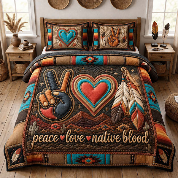 Peace Love Nature quilted 3-piece bedding set on a made bed with two matching pillow shams