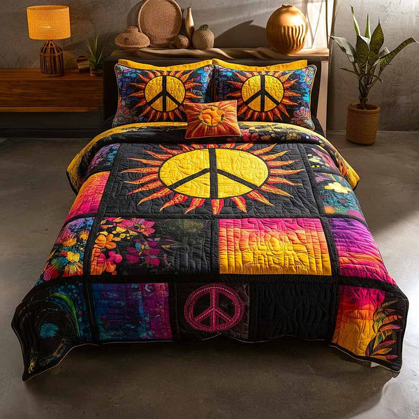 Peace Love quilted 3-piece bedding set on a made bed with two matching pillow shams