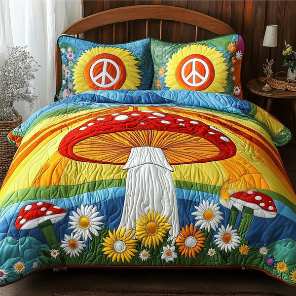 Peace Meadow quilted 3-piece bedding set on a made bed with two matching pillow shams
