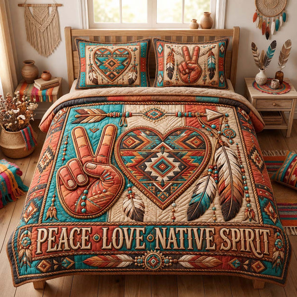 Peace Native Spirit quilted 3-piece bedding set on a made bed with two matching pillow shams