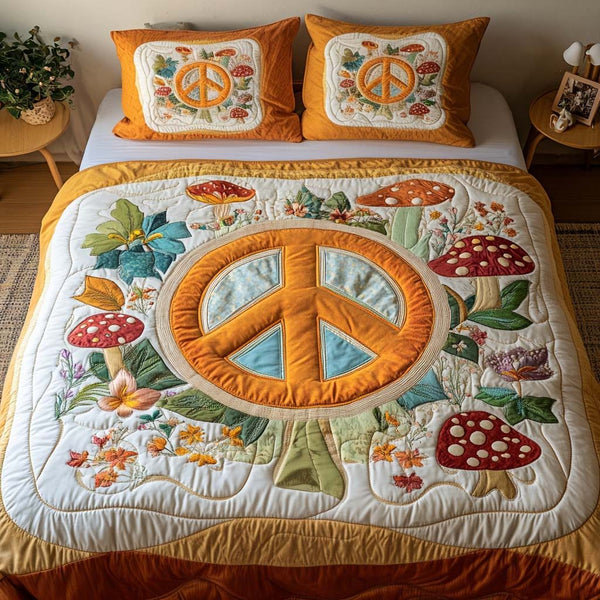 Peace Palette quilted 3-piece bedding set on a made bed with two matching pillow shams