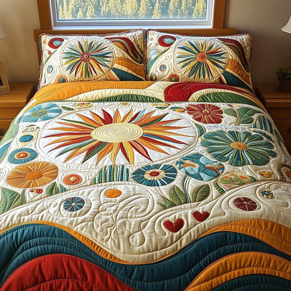 Peace Path quilted 3-piece bedding set on a made bed with two matching pillow shams