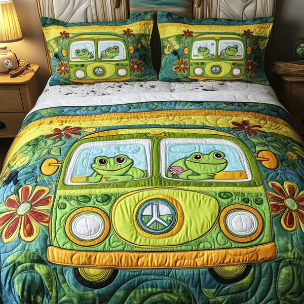 Peace Ride quilted 3-piece bedding set on a made bed with two matching pillow shams