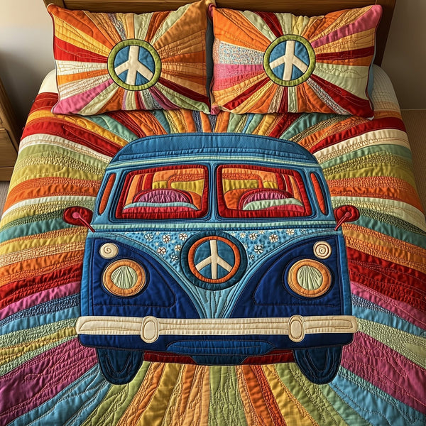 Peace Sign quilted 3-piece bedding set on a made bed with two matching pillow shams