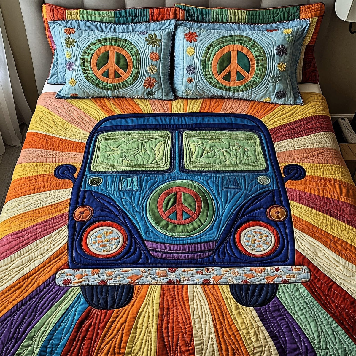 Peace Sign quilted 3-piece bedding set on a made bed with two matching pillow shams
