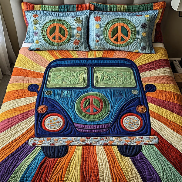 Peace Sign quilted 3-piece bedding set on a made bed with two matching pillow shams