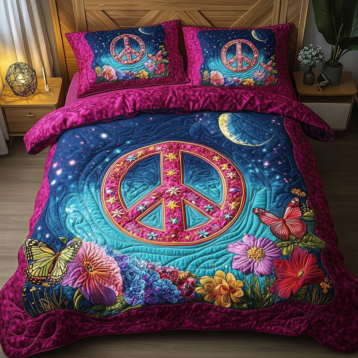 Peace Sign quilted 3-piece bedding set on a made bed with two matching pillow shams