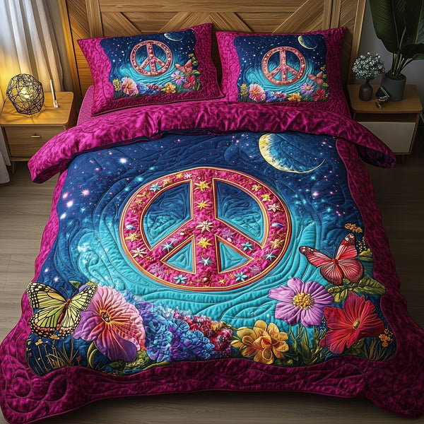 Peace Sign quilted 3-piece bedding set on a made bed with two matching pillow shams