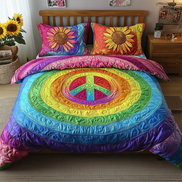 Peace Spectrum quilted 3-piece bedding set on a made bed with two matching pillow shams