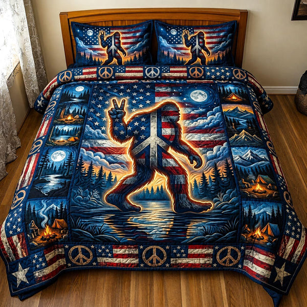 Peace Squatch quilted 3-piece bedding set on a made bed with two matching pillow shams