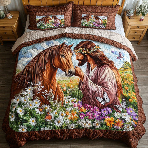 Peace Touch quilted 3-piece bedding set on a made bed with two matching pillow shams