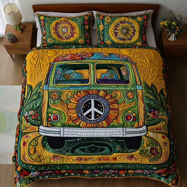 Peace Van quilted 3-piece bedding set on a made bed with two matching pillow shams