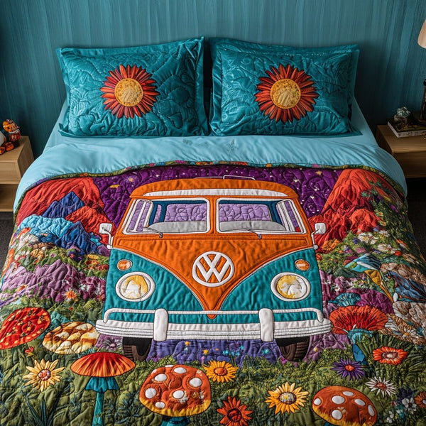 Peace Van quilted 3-piece bedding set on a made bed with two matching pillow shams