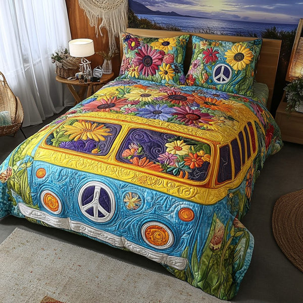 Peace Wagon quilted 3-piece bedding set on a made bed with two matching pillow shams
