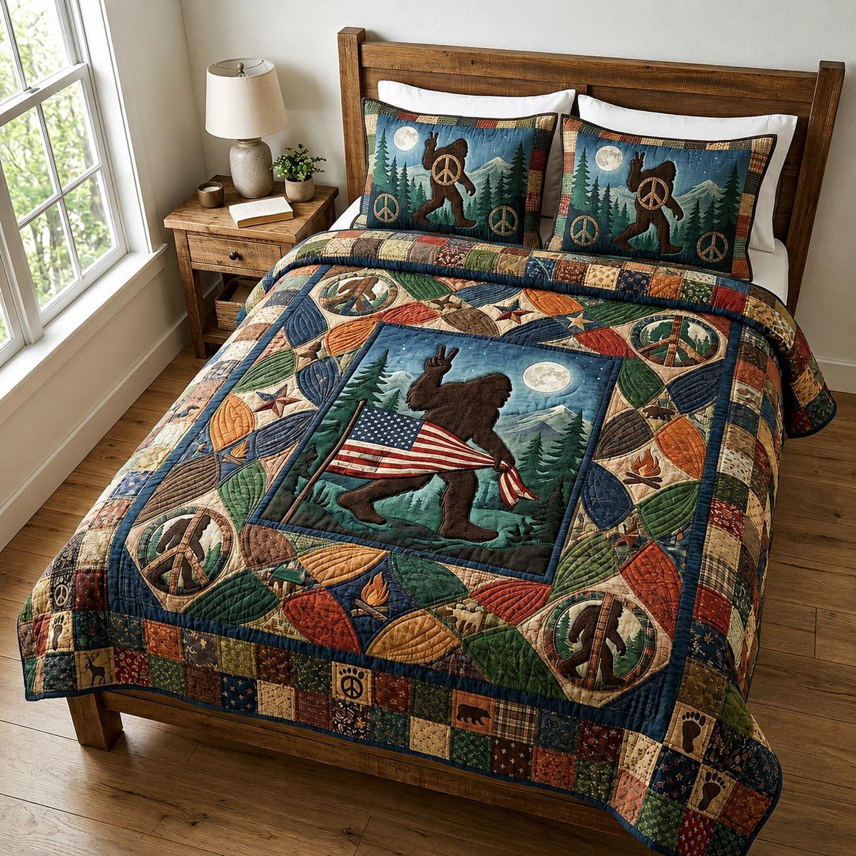 Peace Wander quilted 3-piece bedding set on a made bed with two matching pillow shams