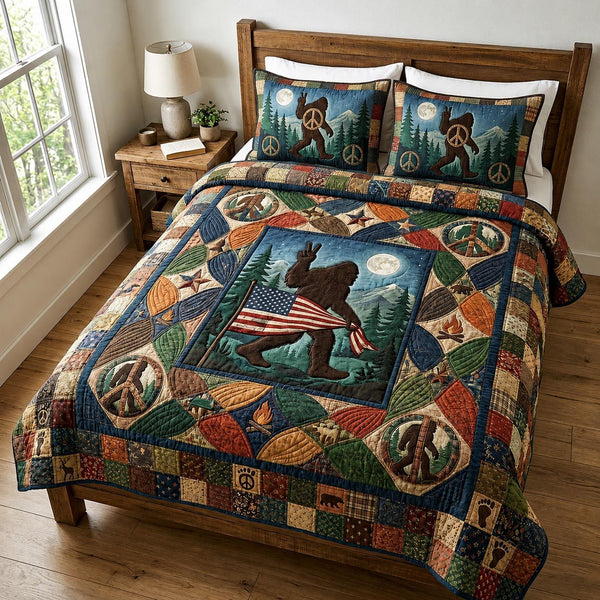 Peace Wander quilted 3-piece bedding set on a made bed with two matching pillow shams