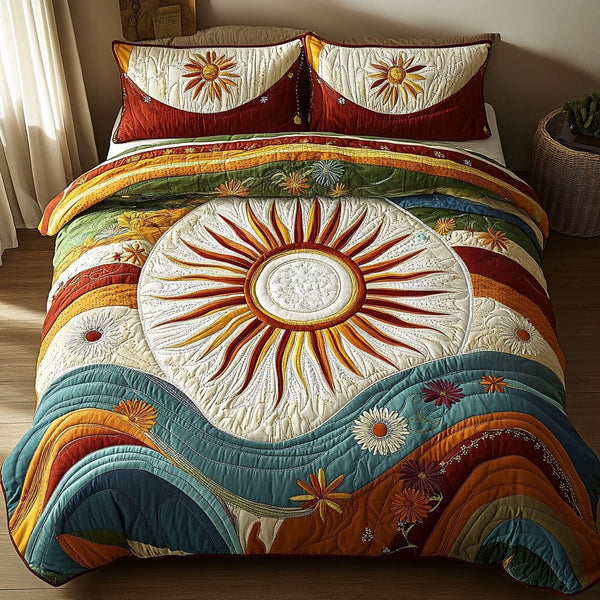 Peaceful 70s Groove quilted 3-piece bedding set on a made bed with two matching pillow shams