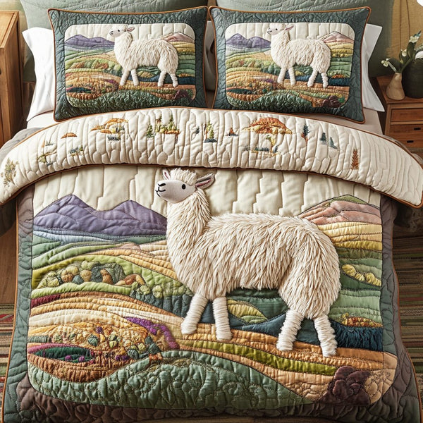 Peaceful Alpaca quilted 3-piece bedding set on a made bed with two matching pillow shams