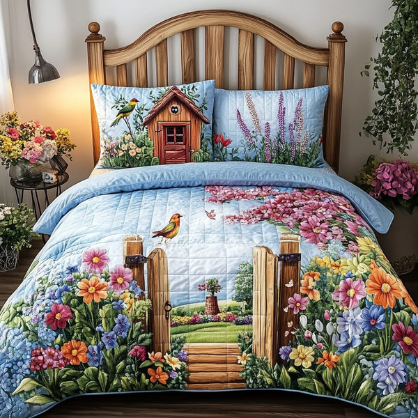 Peaceful Arch quilted 3-piece bedding set on a made bed with two matching pillow shams