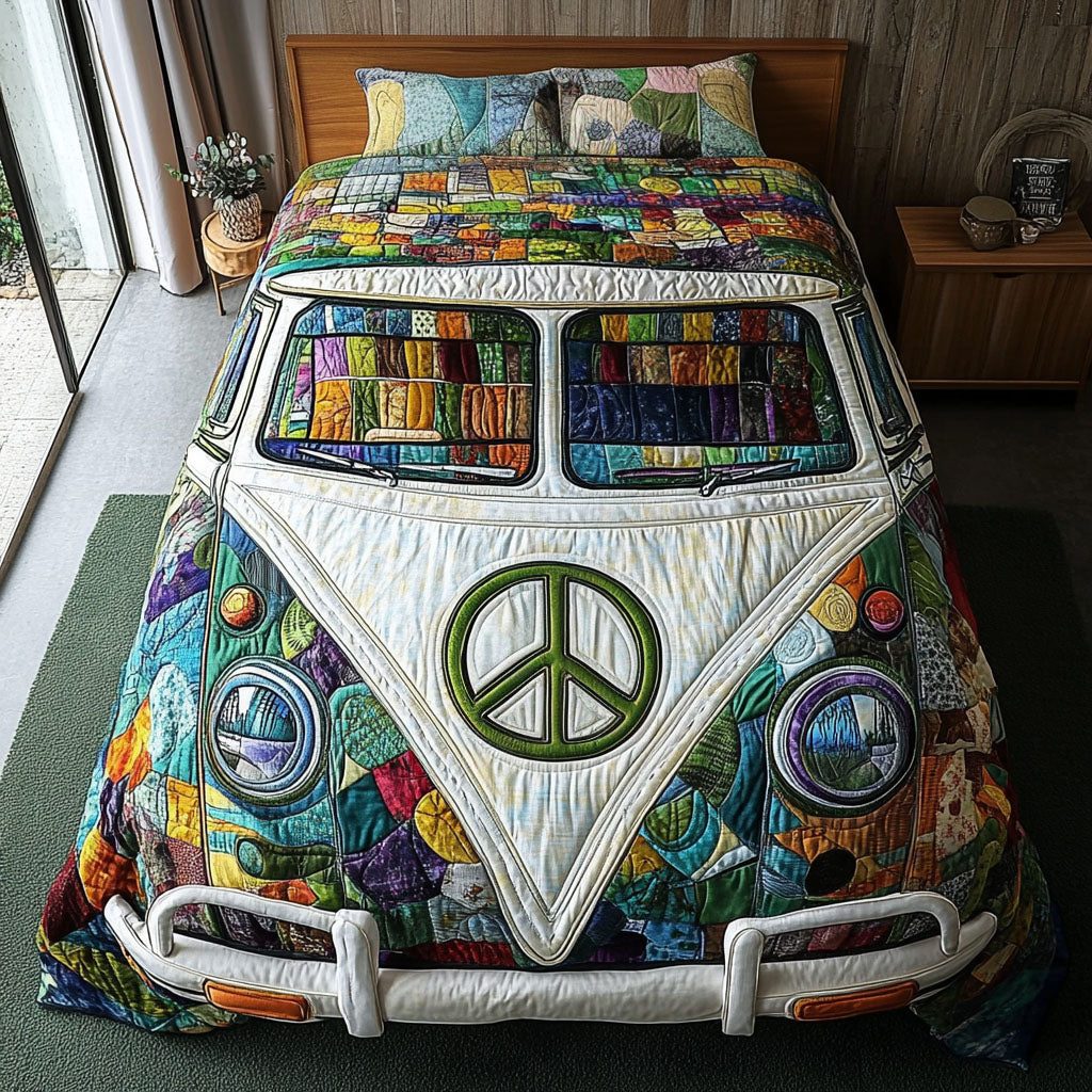 Peaceful Awakening quilted 3-piece bedding set on a made bed with two matching pillow shams