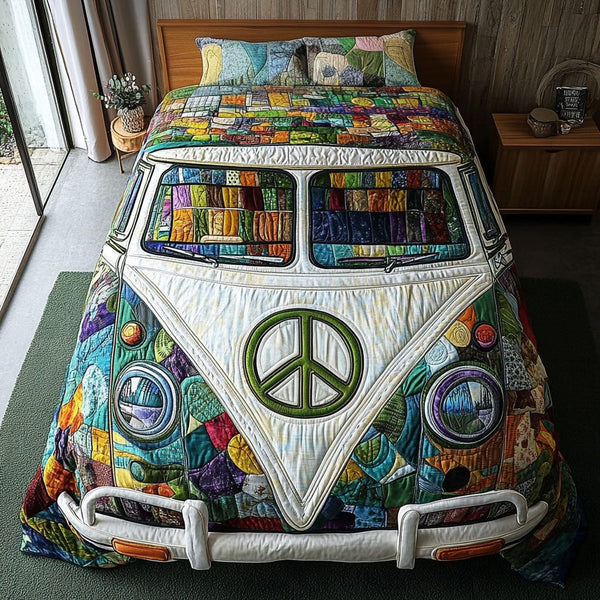 Peaceful Awakening quilted 3-piece bedding set on a made bed with two matching pillow shams