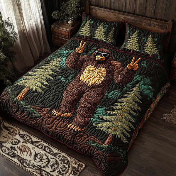 Peaceful Beast quilted 3-piece bedding set on a made bed with two matching pillow shams