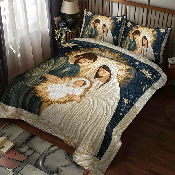 Peaceful Blessings quilted 3-piece bedding set on a made bed with two matching pillow shams