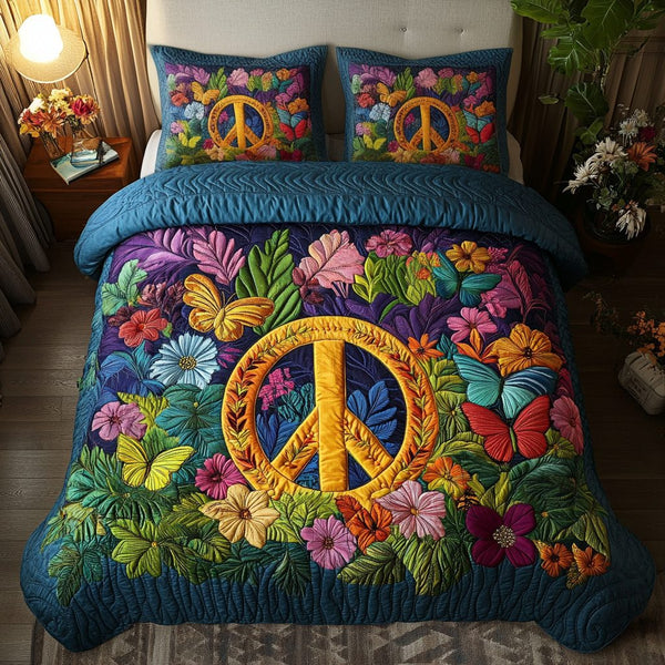 Peaceful Blooms quilted 3-piece bedding set on a made bed with two matching pillow shams