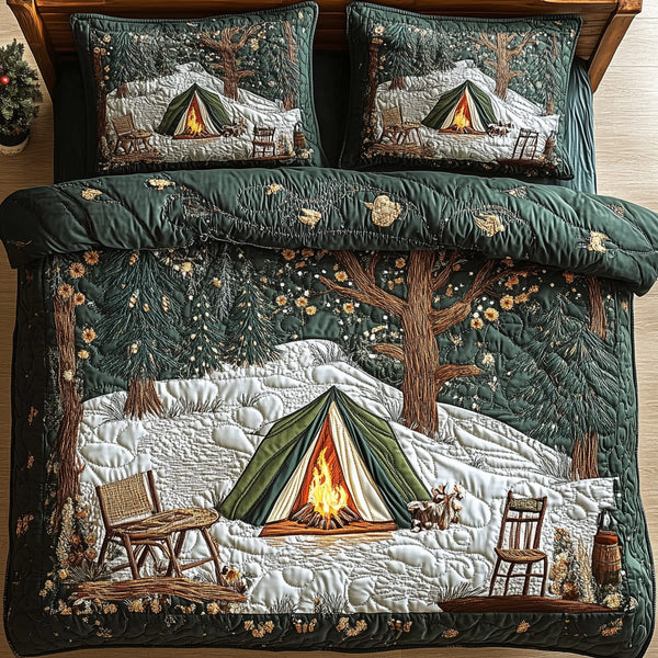 Peaceful Camping Life quilted 3-piece bedding set on a made bed with two matching pillow shams