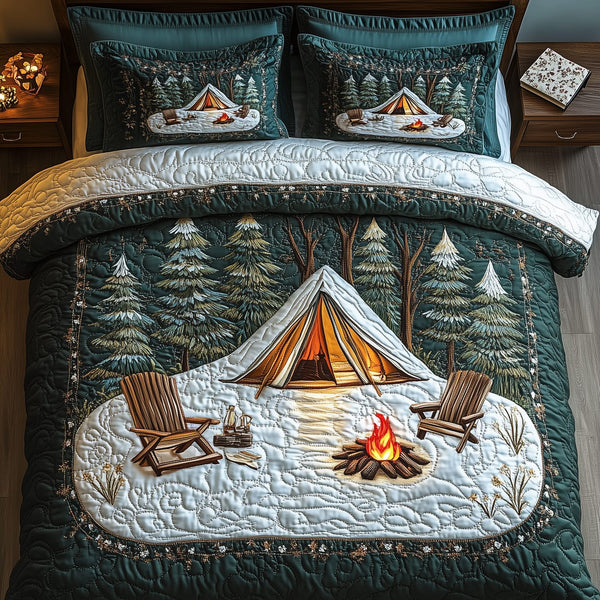 Peaceful Camping Life quilted 3-piece bedding set on a made bed with two matching pillow shams